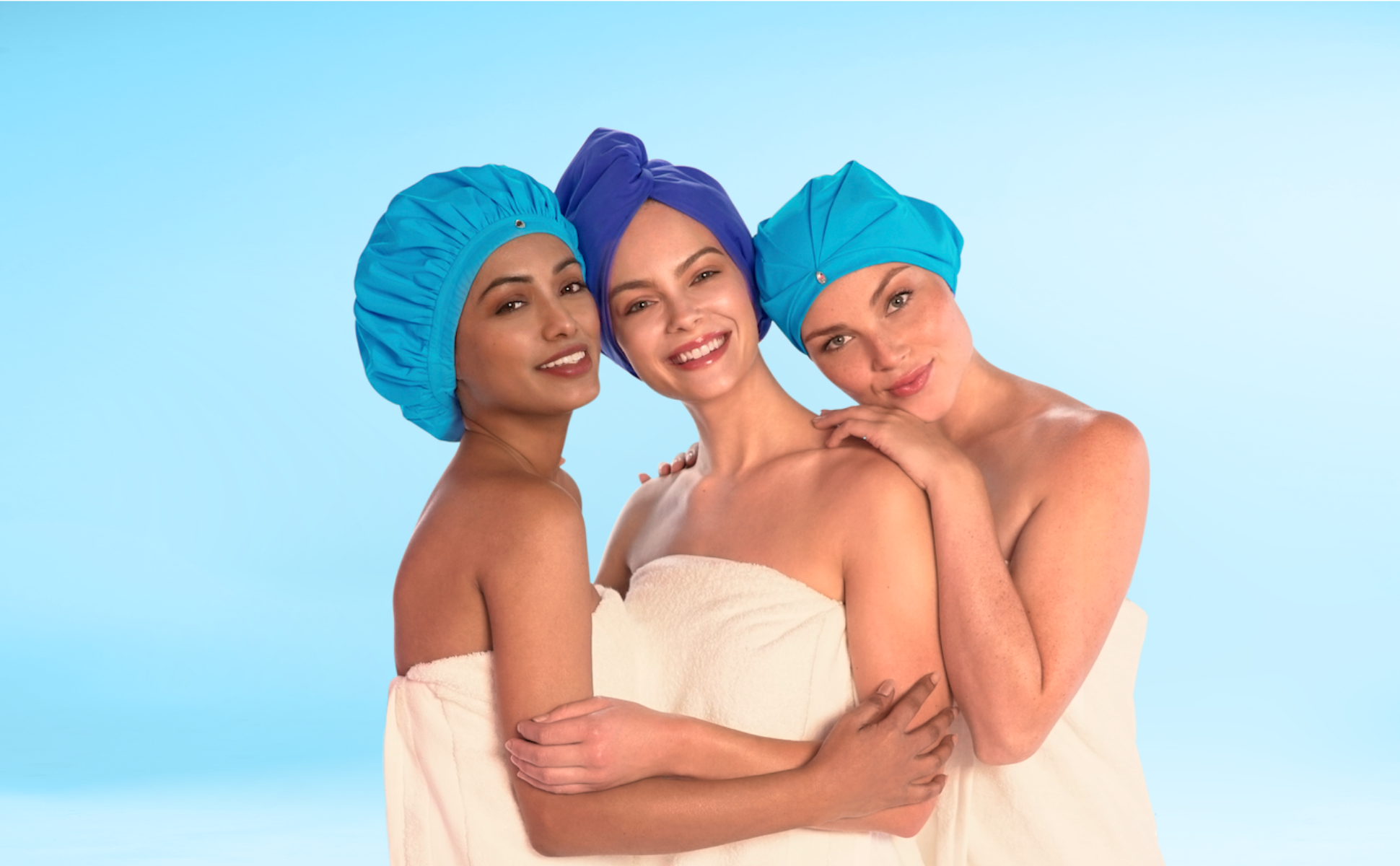 Top shower turbans, satin bathing caps, terry-cloth lining hair-drying wraps for ladies, men, girls by TURBELLA