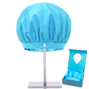 Reusable shower caps for women, machine washable, mold mildew resistant, eco-friendly aqua blue