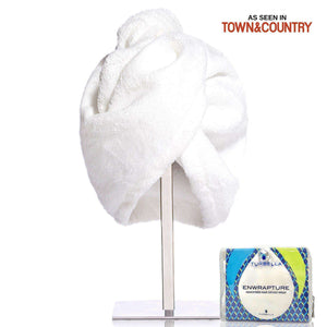 best hair towel turban twist to dry wet hair better than microfiber wrap Enwrapture with Swarovski button made in USA 